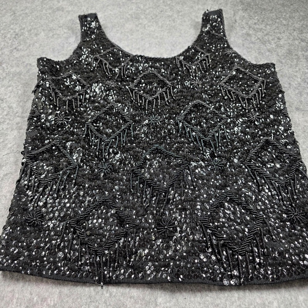 Vintage Beaded Wool Black Shell Tank Top Zip Hong‎ Kong 60s Glam Festival Small
